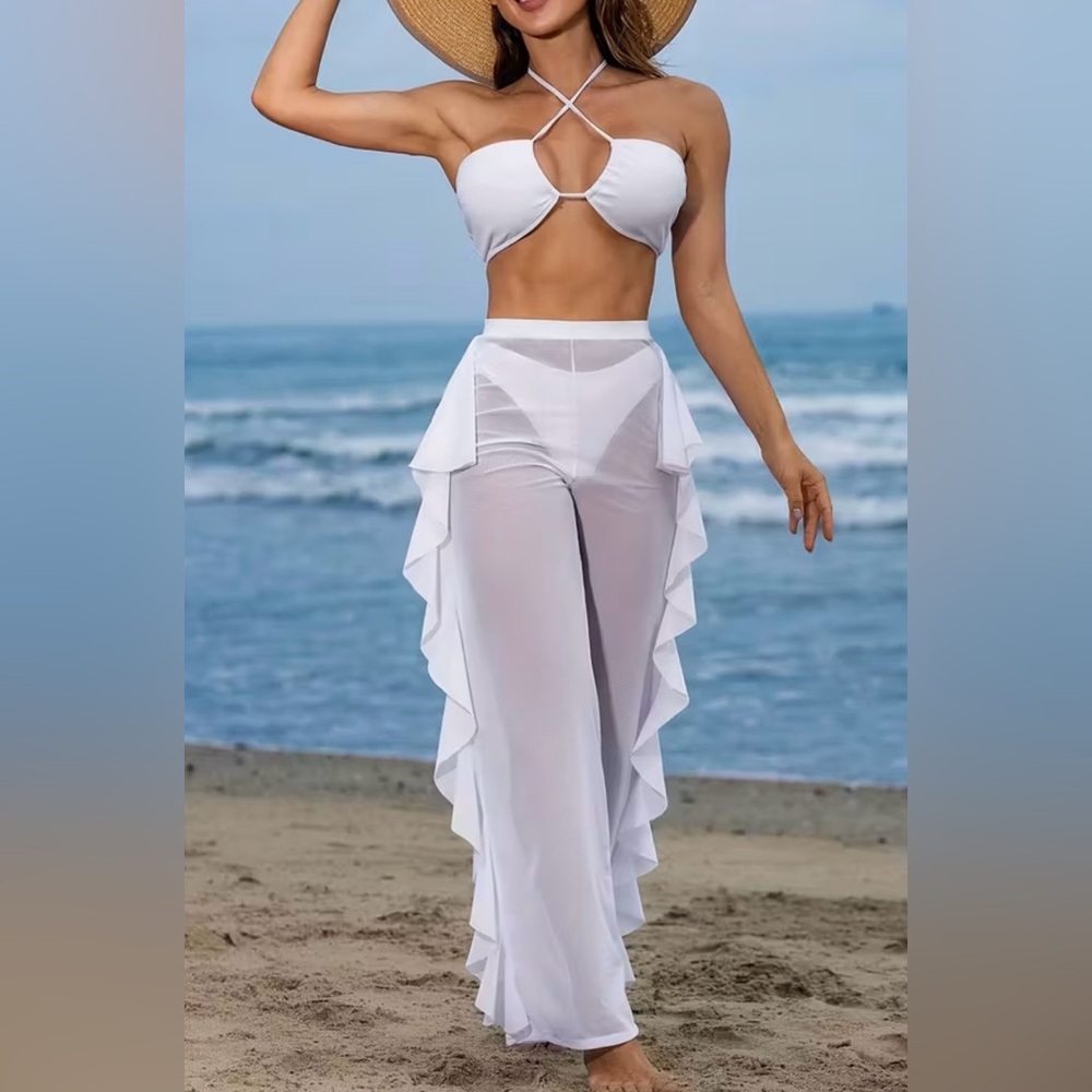 3pc White Crisscross Top Bikini Set with Sheer Mesh Ruffle Cover-Up Pants - Picture 8 of 12